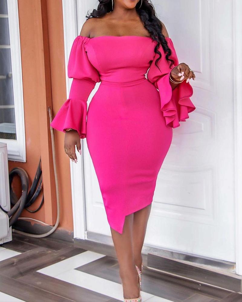 

Solid Puff Sleeve Off Shoulder Bodycon Dress, Pink