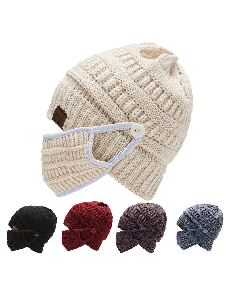

2PCS Winter Knitted Beanie Face Mask Set, Beige