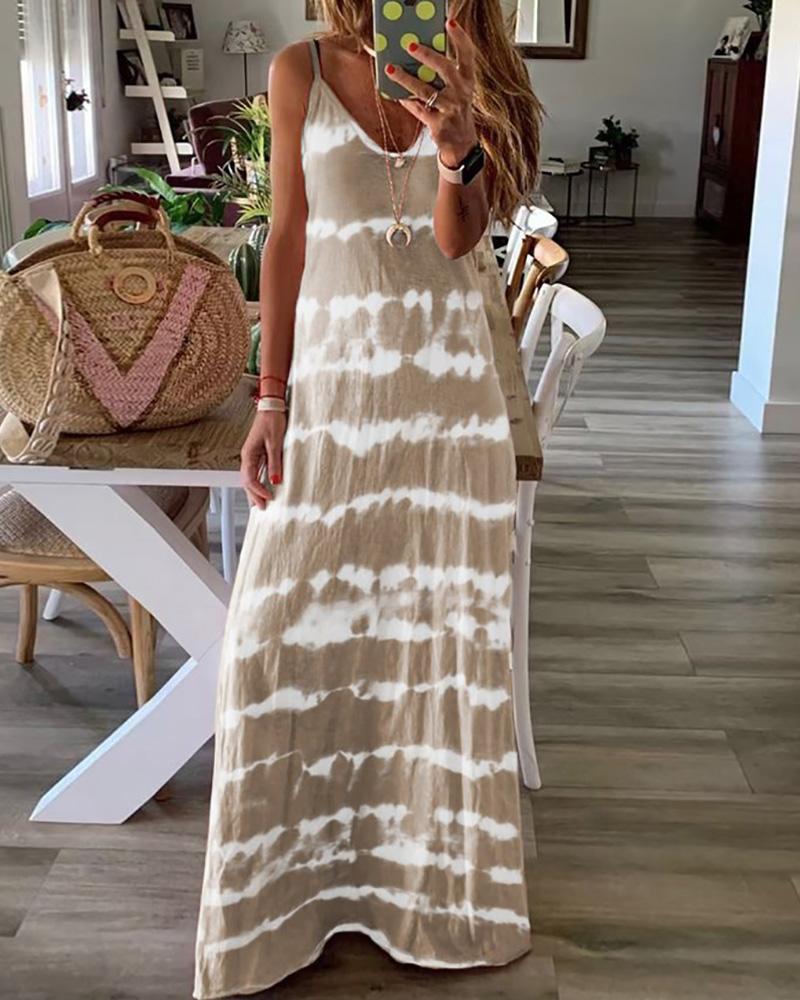 

V-Neck Tie Dye Print Casual Maxi Dress, Apricot