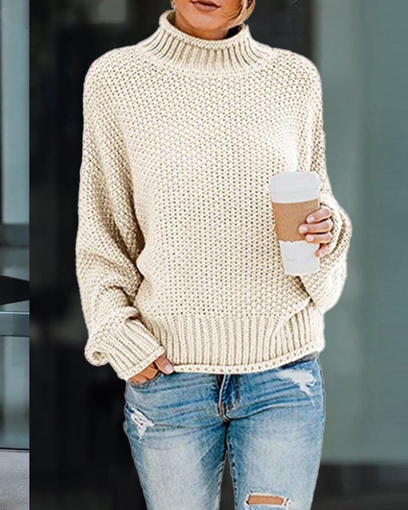 

Lantern Sleeve High Neck Casual Sweater, White