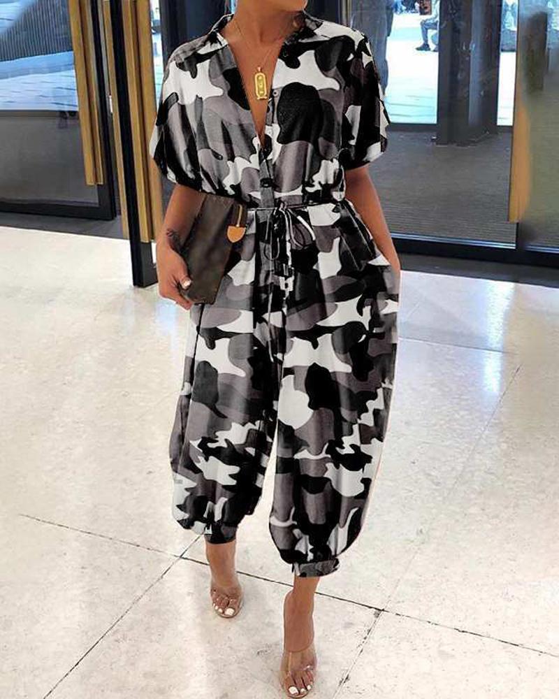 

Plus Size Camouflage Print Button Front Jumpsuit, Black