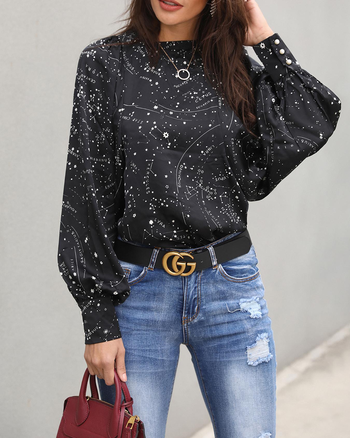 

Space Print Lantern Sleeve Button Detail Blouse, Black