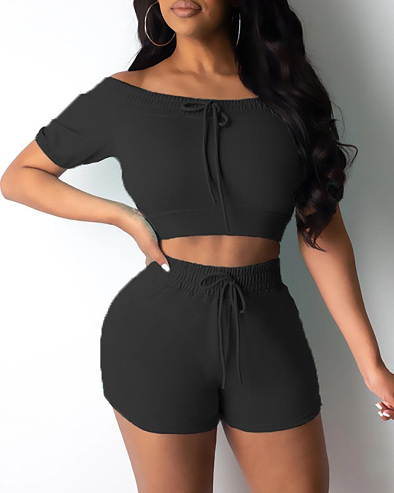 

Solid Off Shoulder Drawstring Top & Shorts Set, Black