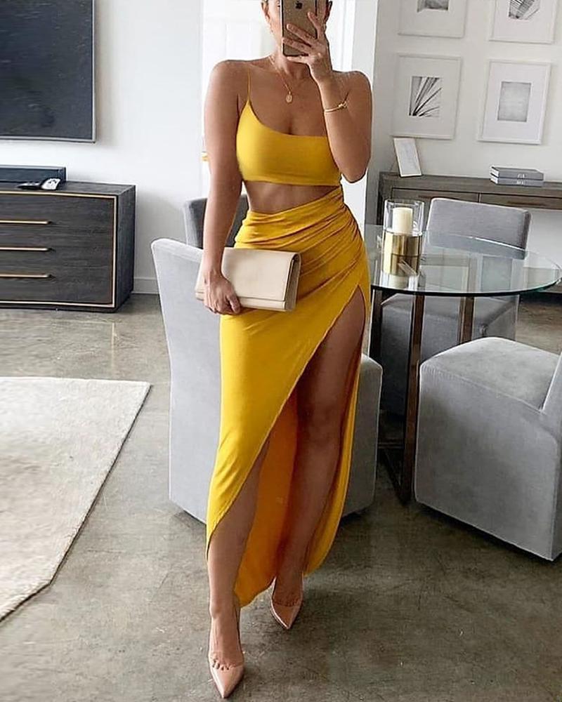 

Solid Crop Cami Top & Split Thigh Skirt Set, Yellow