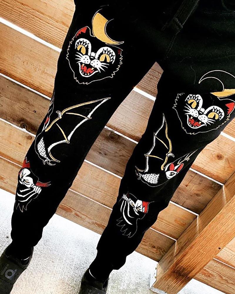 

Halloween Graphic Print Pocket Design Drawstring Pants, Black