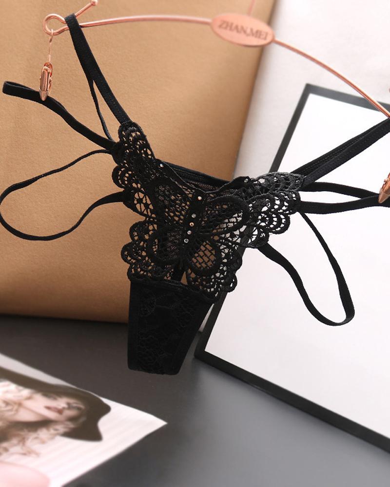 

Solid Color Splicing Lace Sexy Bownot Hollow-out Thongs, Black
