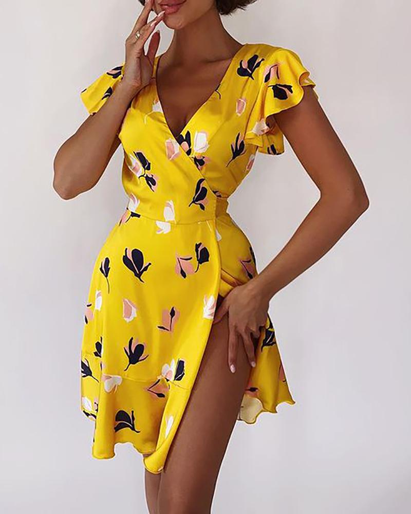 

Floral Print Ruffle Hem V-Neck Dress, Yellow