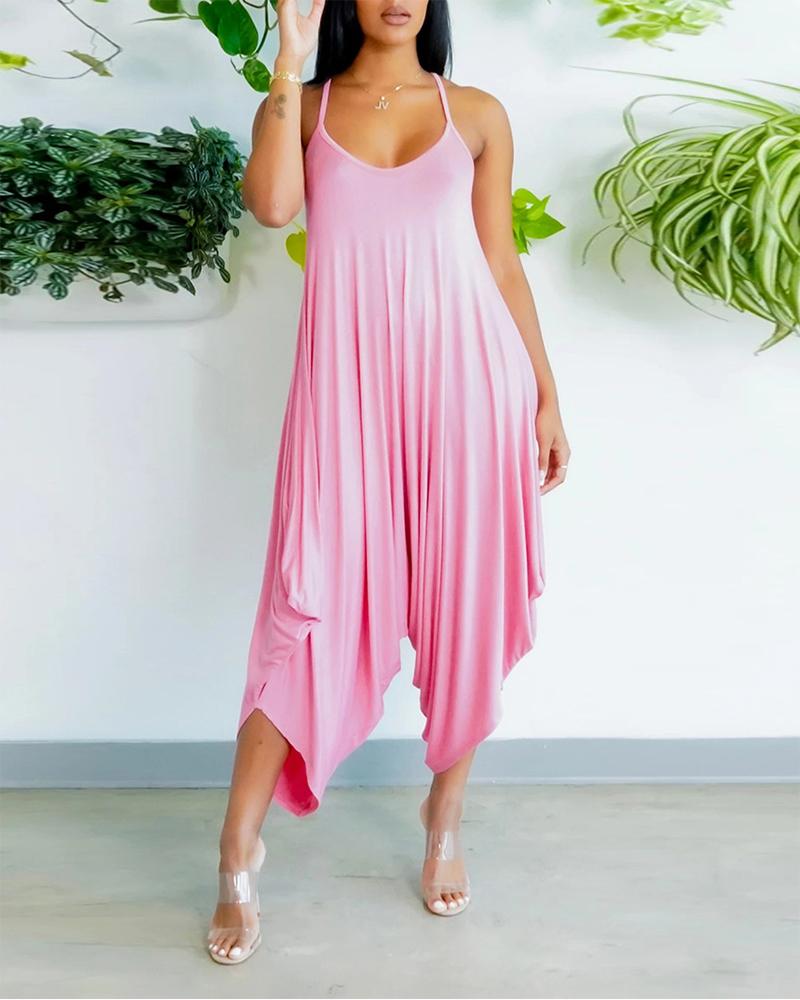 

Solid Draped Asymmetrical Hem Cami Jumpsuit, Pink