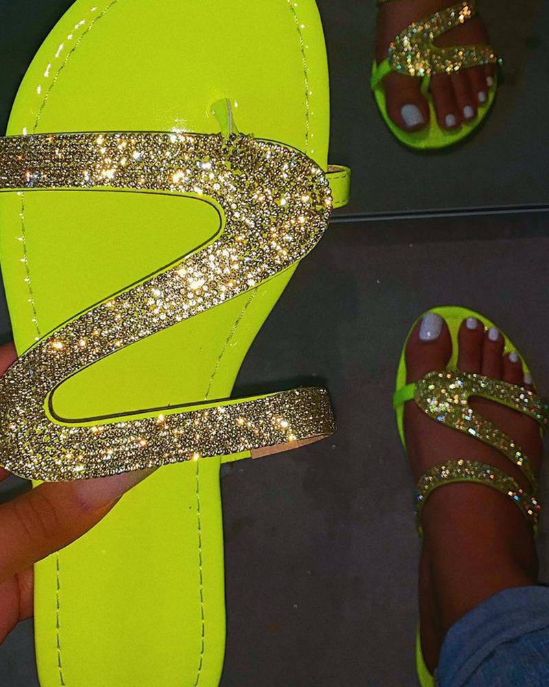 

Rhinestone Decor Toe Post Slippers, Green