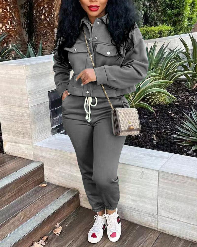 

Long Sleeve Buttoned Top & Drawstring Pants Set, Gray