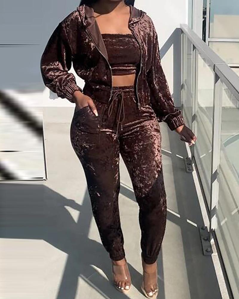 

Velvet Bandeau Top & Drawstring Pants Set With Hooded Coat, Coffee