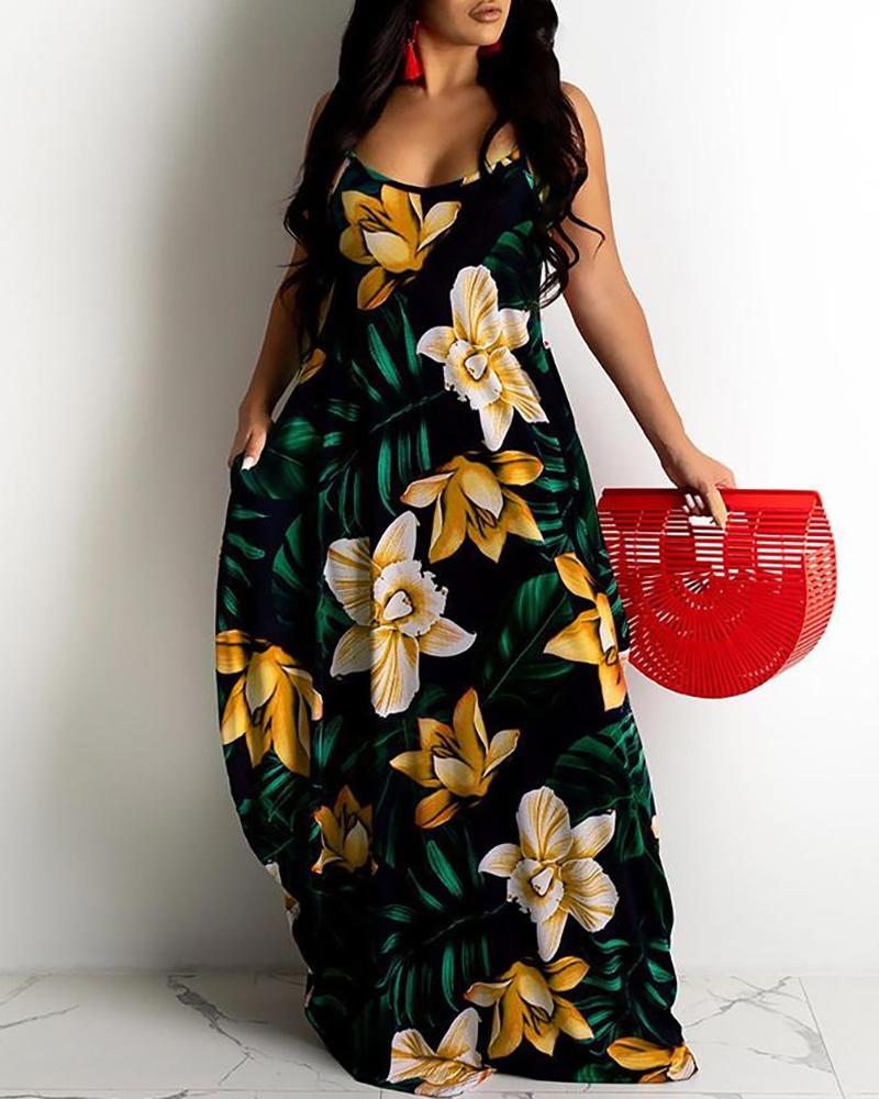 

Floral Leaf Print Spaghetti Strap Maxi Dress, Yellow