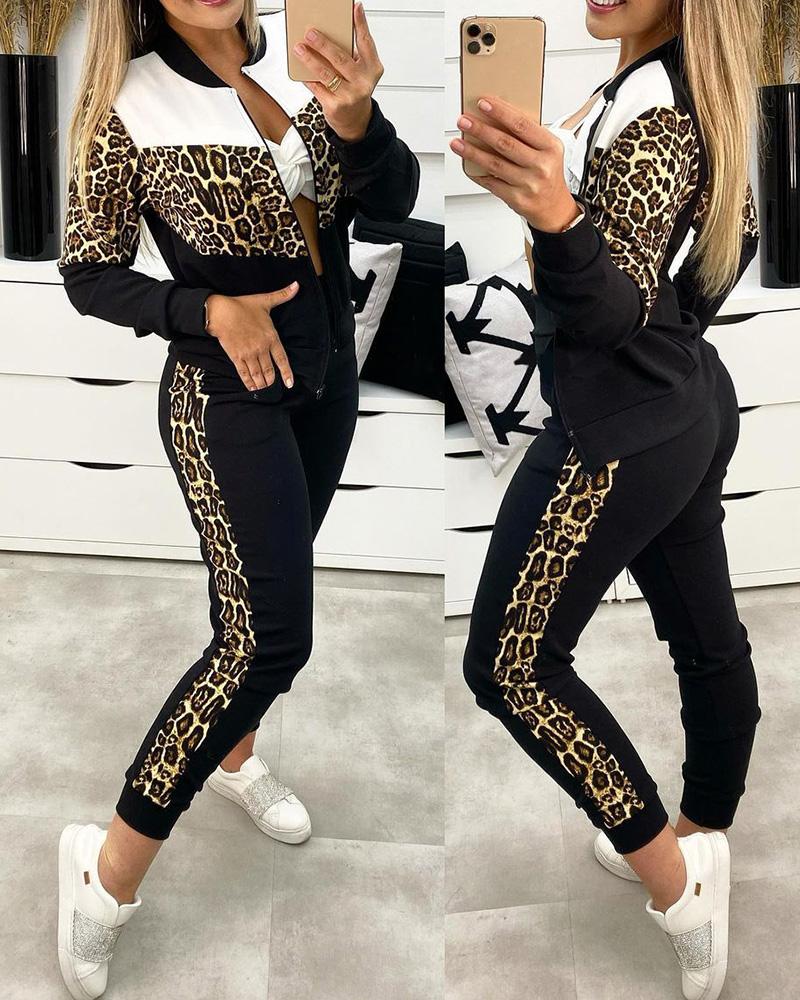 

Cheetah Print Colorblock Top & Pocket Design Pants Set, Black