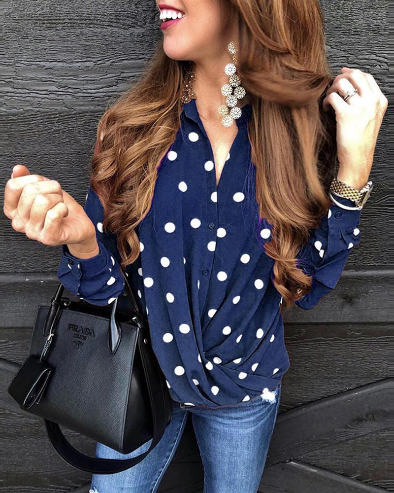 

Polka Dot Button-Up Top, Blue