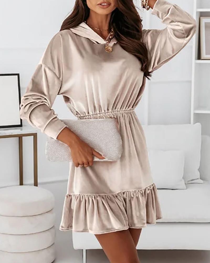 

Long Sleeve Velvet Ruffle Hem Hooded Dress, Apricot