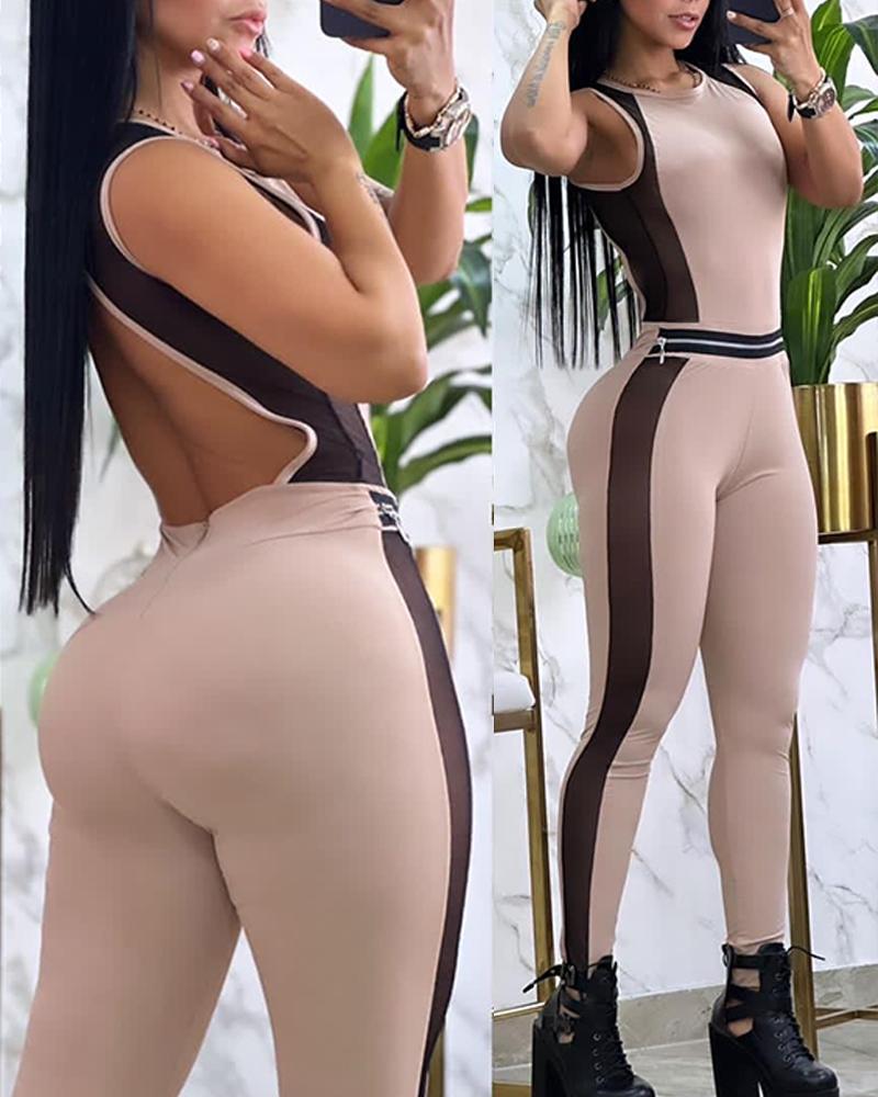 

Sheer Mesh Patch Backless Jumpsuit, Khaki