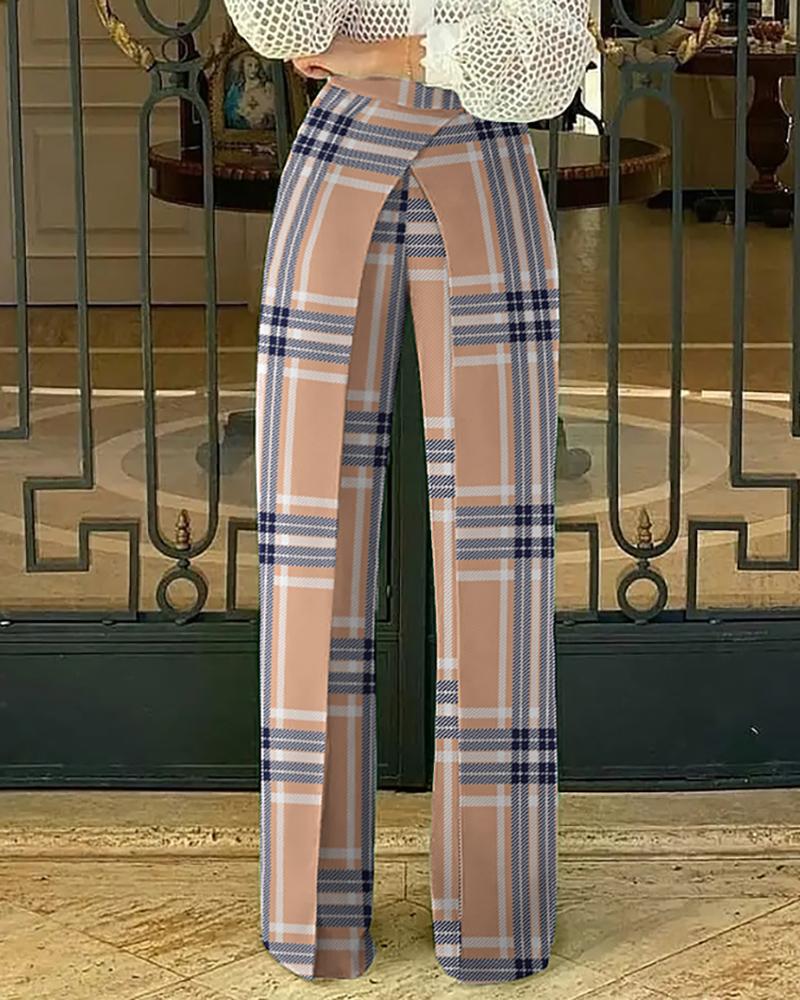 

Plaid Print Fake Two Pieces Pencil Pants, Khaki