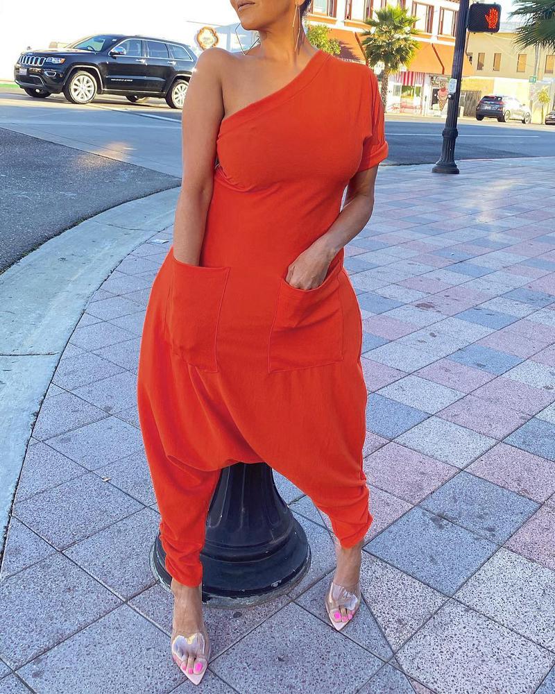

One Shoulder Pocket Detail Harem Jumpsuit, Orange
