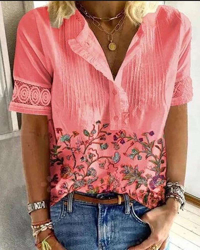 

Floral Print Frill Hem Lace Patch Top, Pink