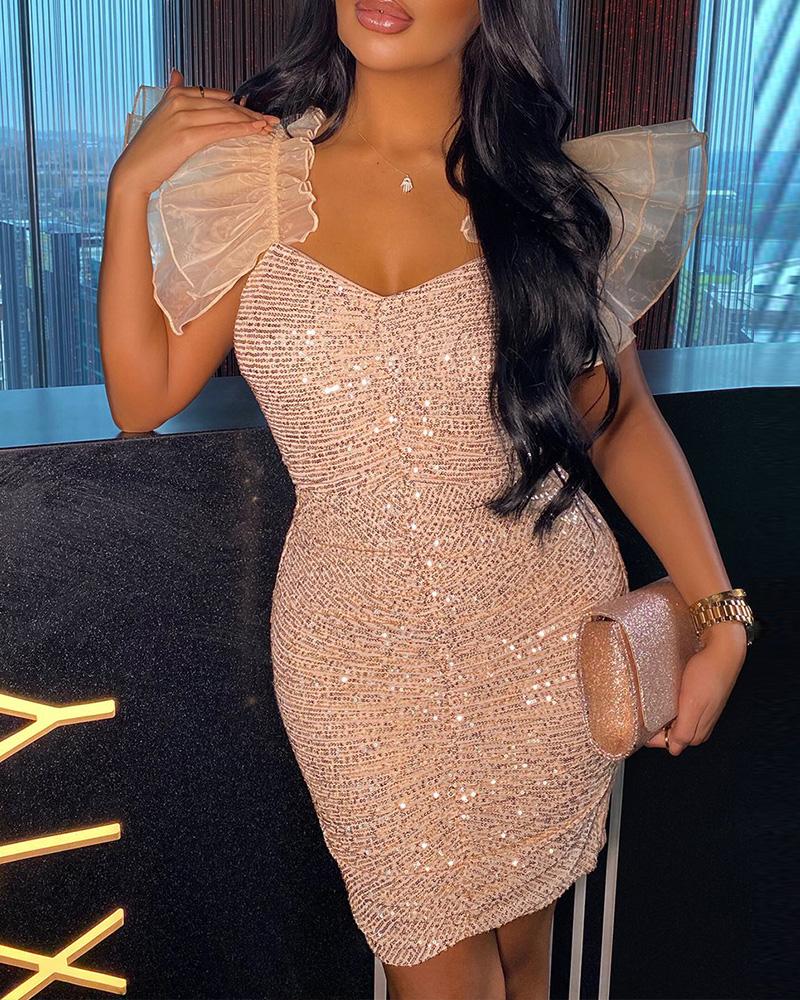 

Bowknot Back Mesh Flutter Sleeve Allover Sequin Party Dress, Champagne