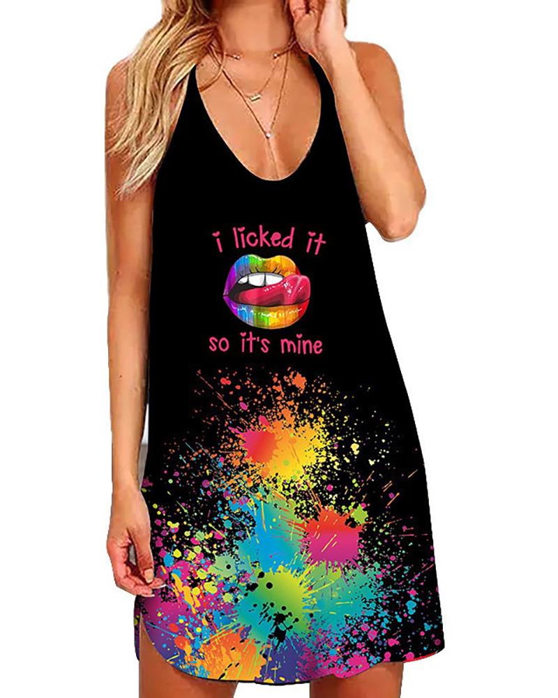 

Halter Hollow Out Ink Splash Lip Print Swing Dress, Black