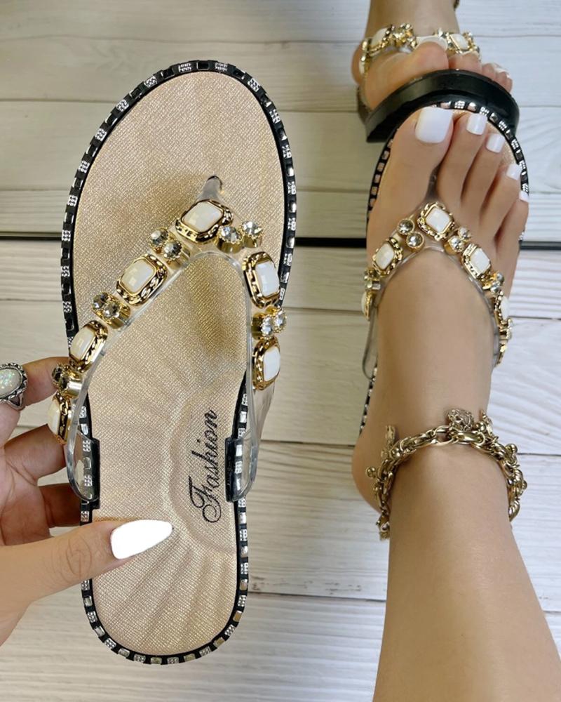 

Gemstone Rhinestone Toe Post Flip Flop, Gold