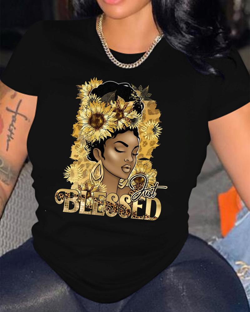 

Plus Size Sunflower Figure Print Casual T-shirt, Black