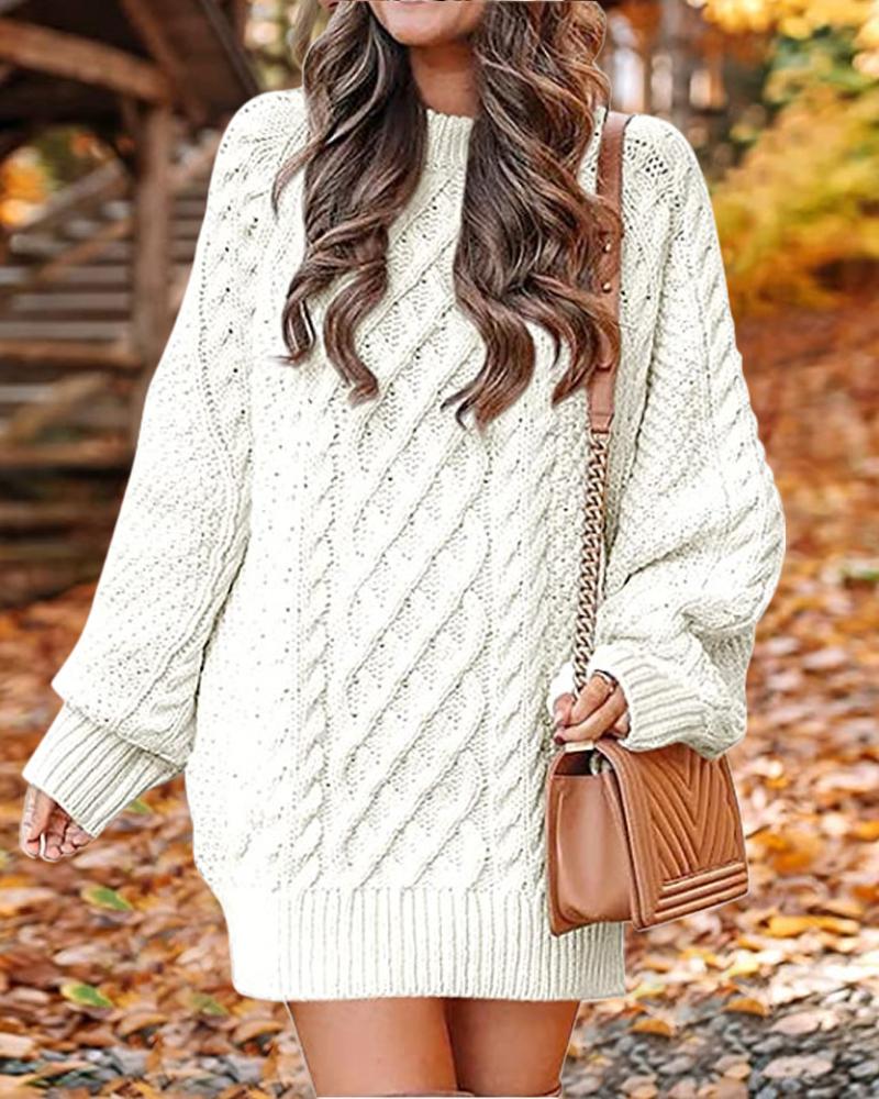 

Lantern Sleeve Cable Knit Sweater Dress, White