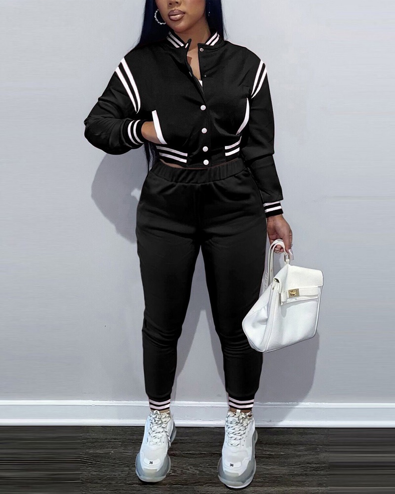 

Contrast Paneled Crop Baseball Jacket & Pants Set, Black