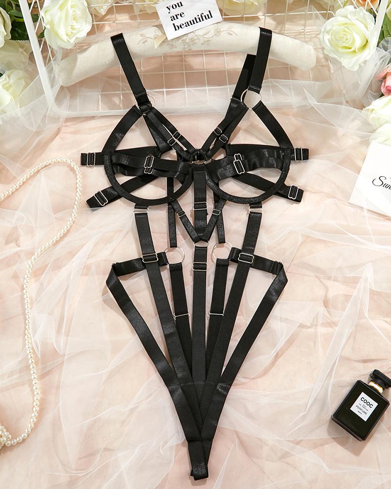 

Cutout O-Ring Buckled Multi Strap Teddy, Black