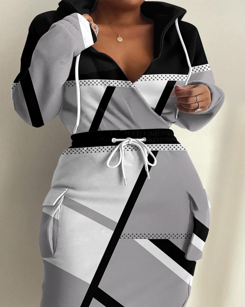

Plus Size Geometric Print Drawstring Waist Sweatshirt Dress, Gray
