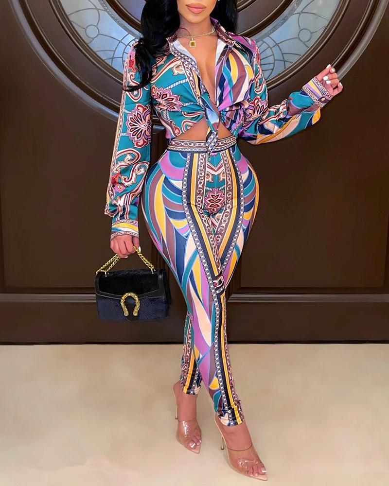

Scarf Geo Pattern Print Shirt & High Waist Pants Set, Blue
