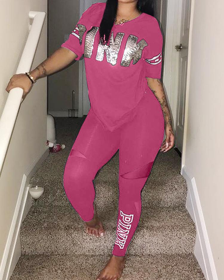 

Letter Print Patchwork Casual Pant Sets, Pink