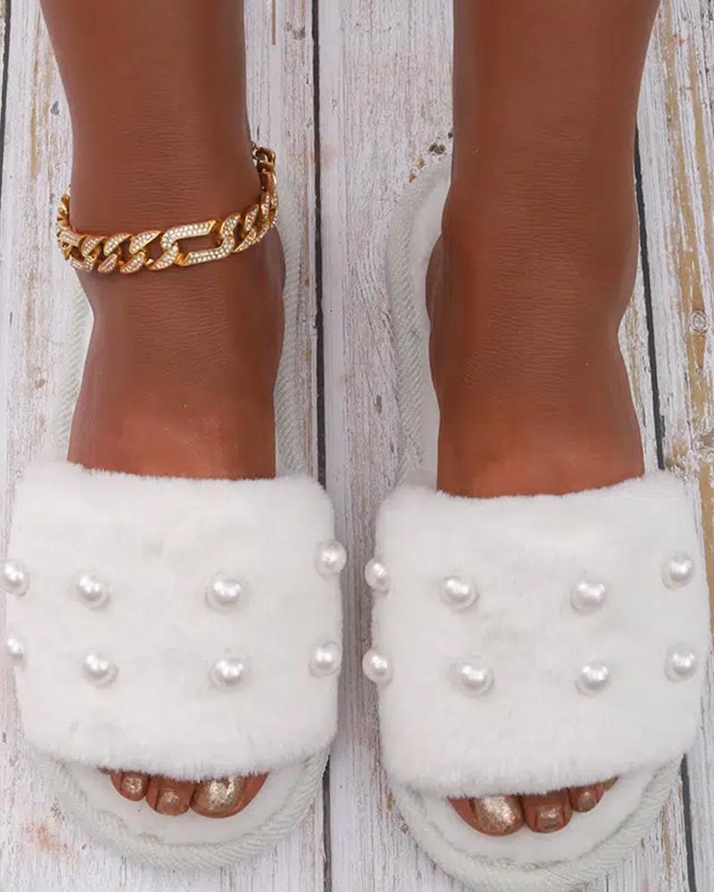 

Fuzzy Pearls Decor Slippers, White
