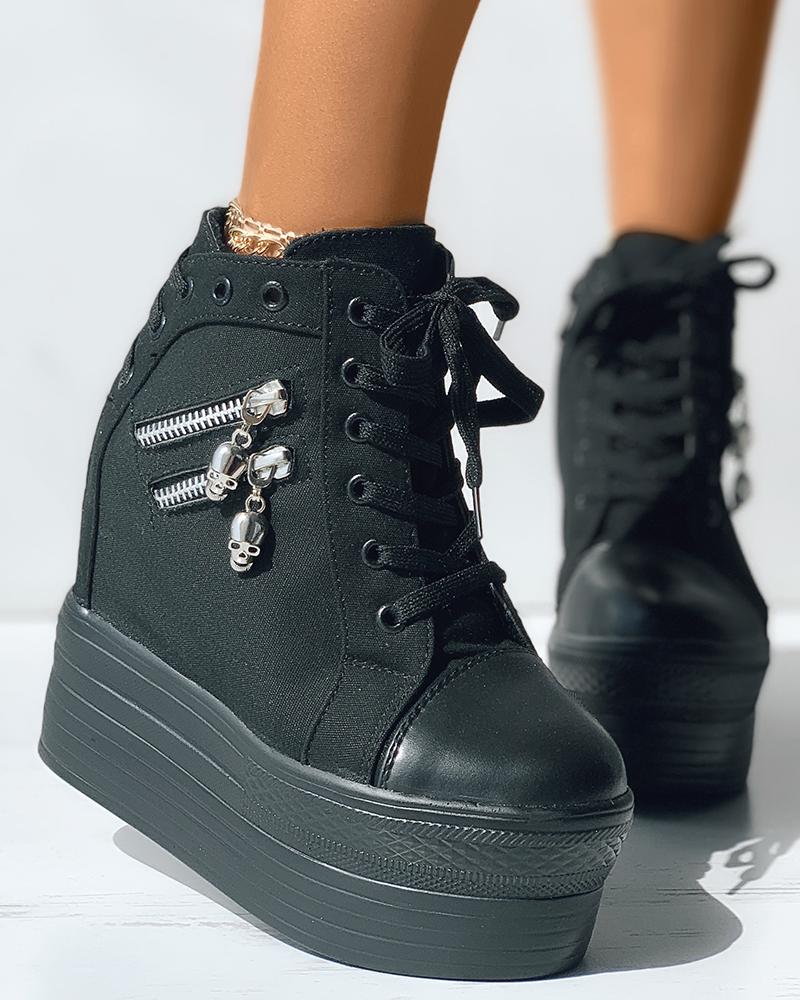 

Eyelet Lace-up Zipper Design Platform Sneakers, Black