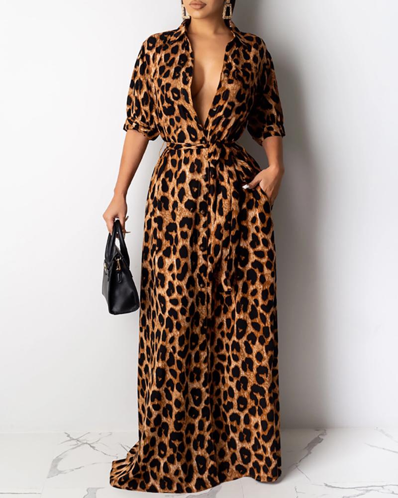 

Cheetah Print High Slit Buttoned Half Sleeve Maxi Dress, Leopard