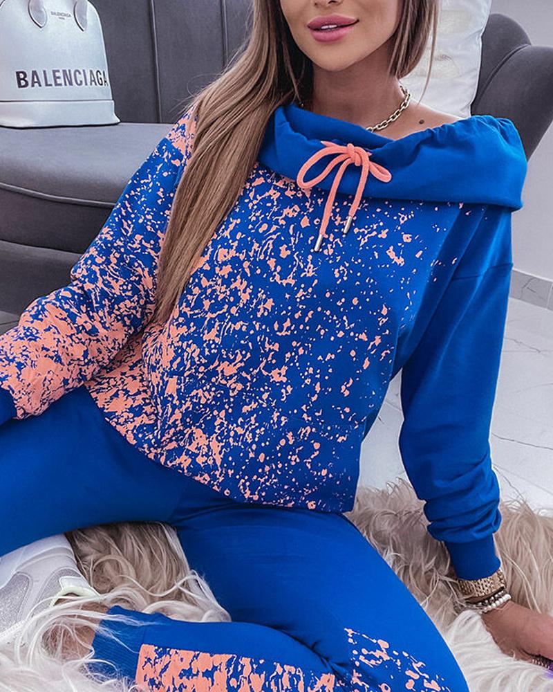 

Allover Print Long Sleeve Drawstring Hoodie & Pants Set, Blue
