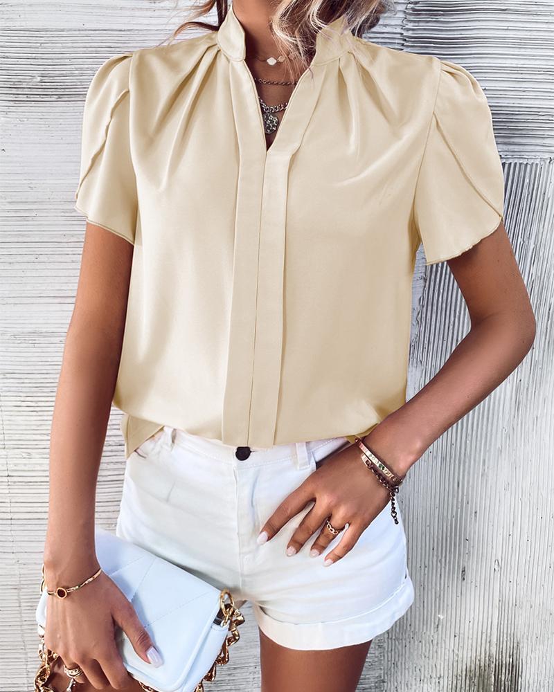 

Stand Collar Puff Sleeve Ruched Top, Apricot
