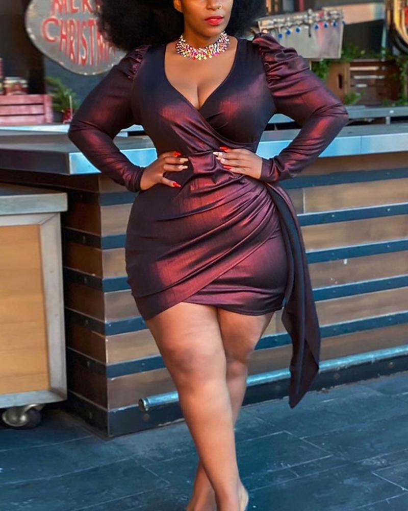 

Surplice Neck Puff Sleeve Ruffles Detail Ruched Bodycon Dress, Red
