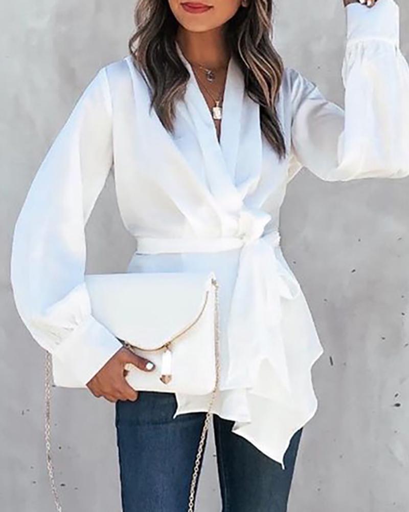 

V-Neck Asymmetrical Lantern Sleeve Top, White