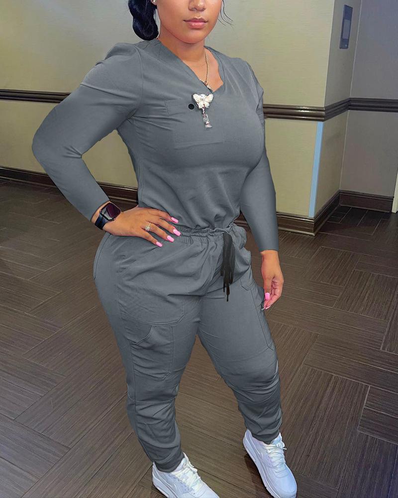 

V-Neck Long Sleeve Top & Pocket Detail Drawstring Pants Set, Gray