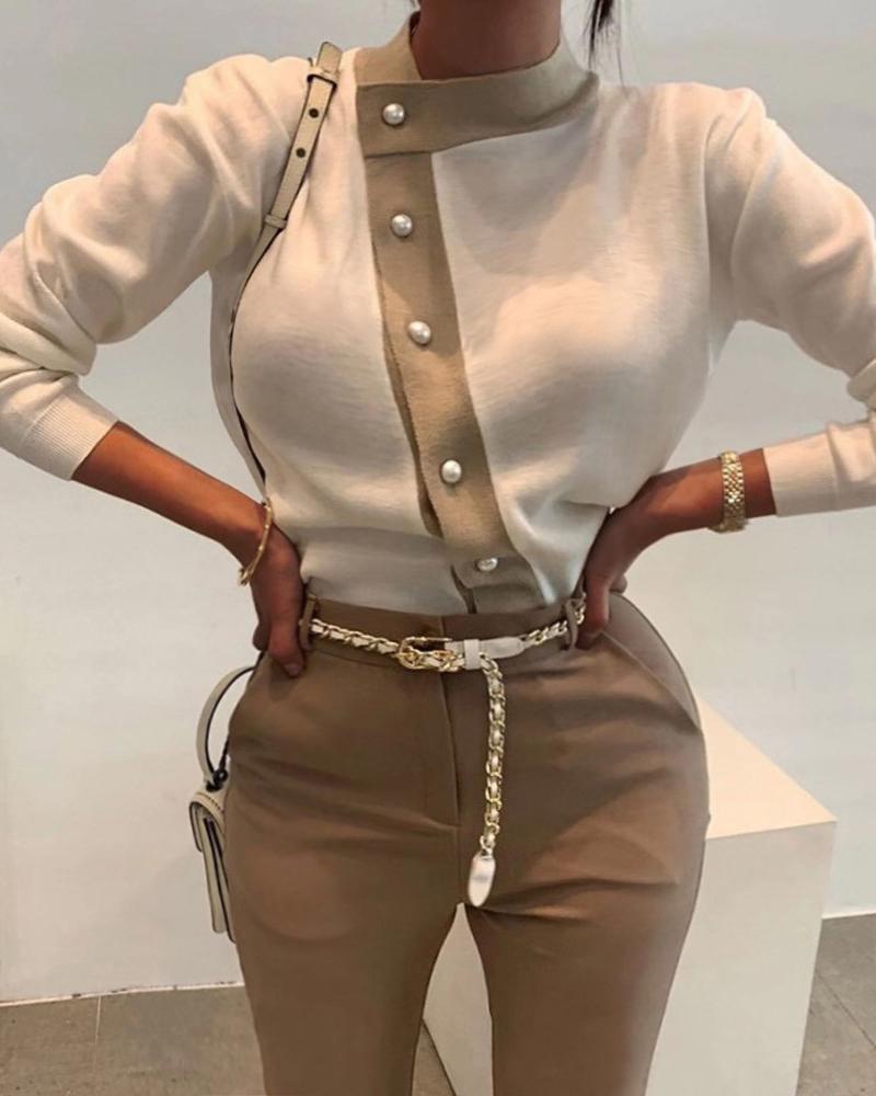 

Button Design Colorblock Long Sleeve Knit Top, White