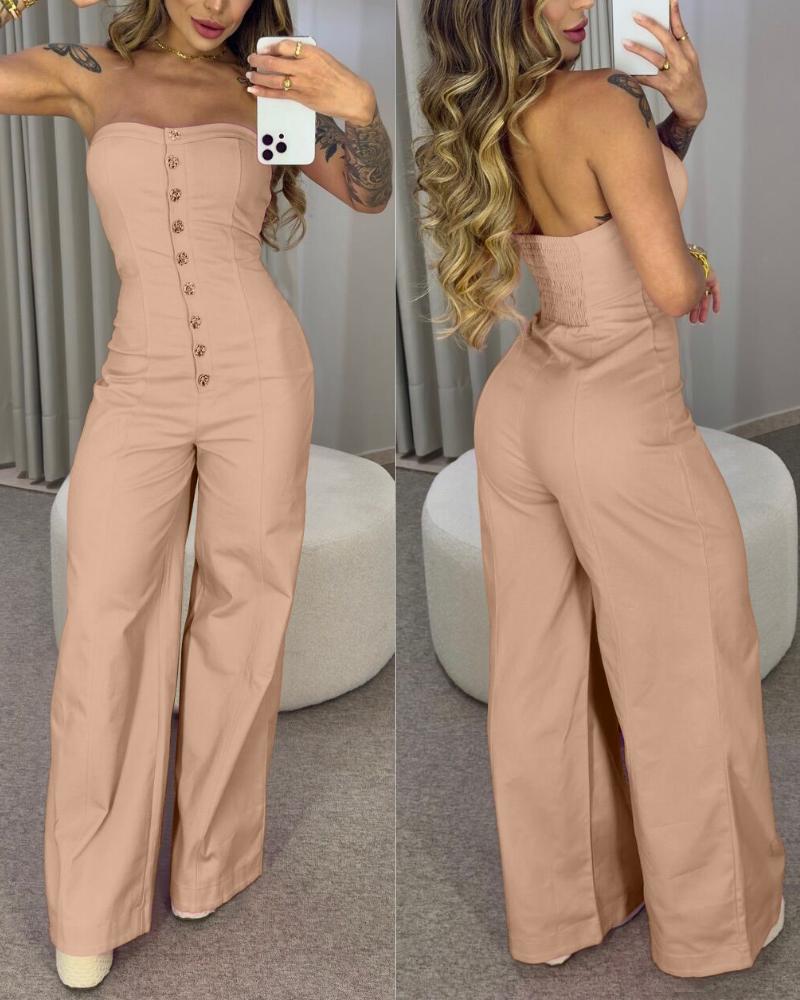 

Combinaison à taille haute avec boutons et bandeau Combinaison décontractée à jambes larges, Apricot