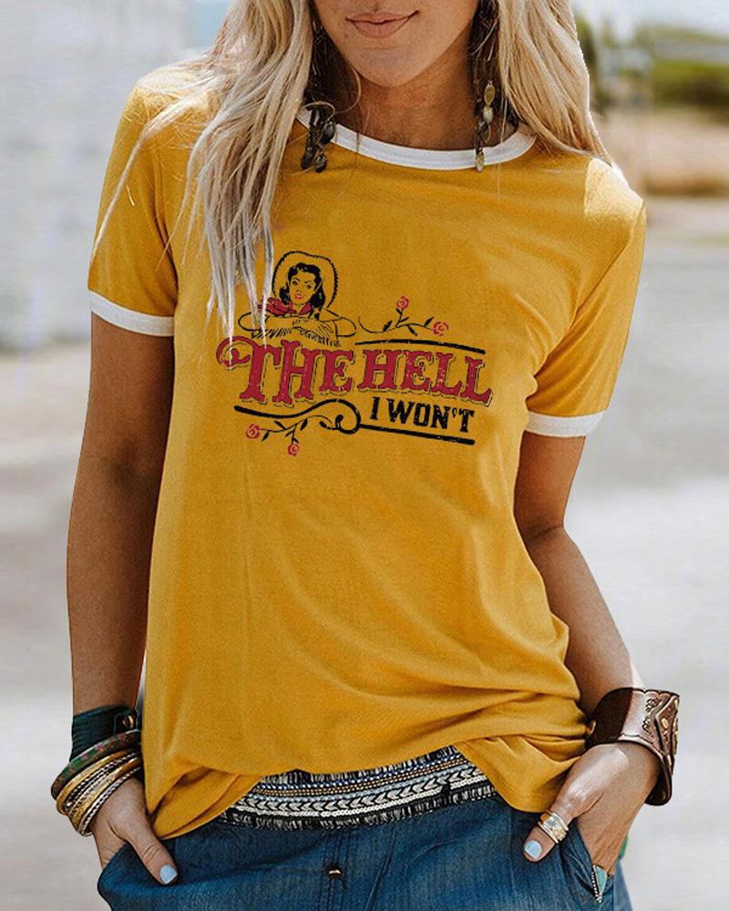 

Letter Figure Print Contrast Binding Casual T-shirt, Yellow