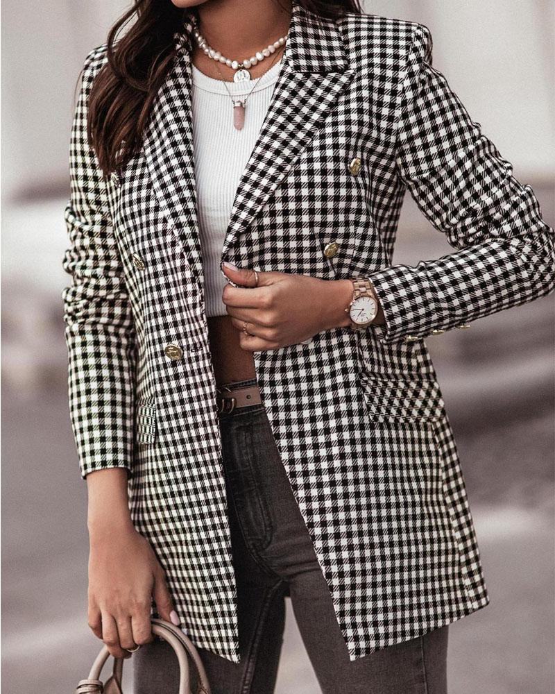 

Plaid Print Double Breasted Flap Detail Blazer, Black