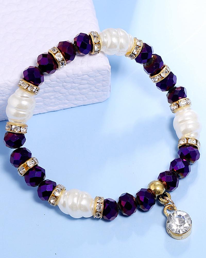 

1pc Crystal Stone Pearls Decor Beaded Bracelet, Purple