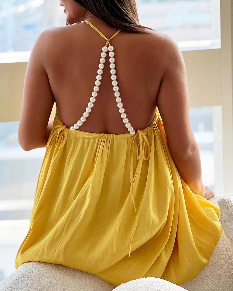 

Pearls Strap Backless Ruched Mini Swing Dress, Yellow