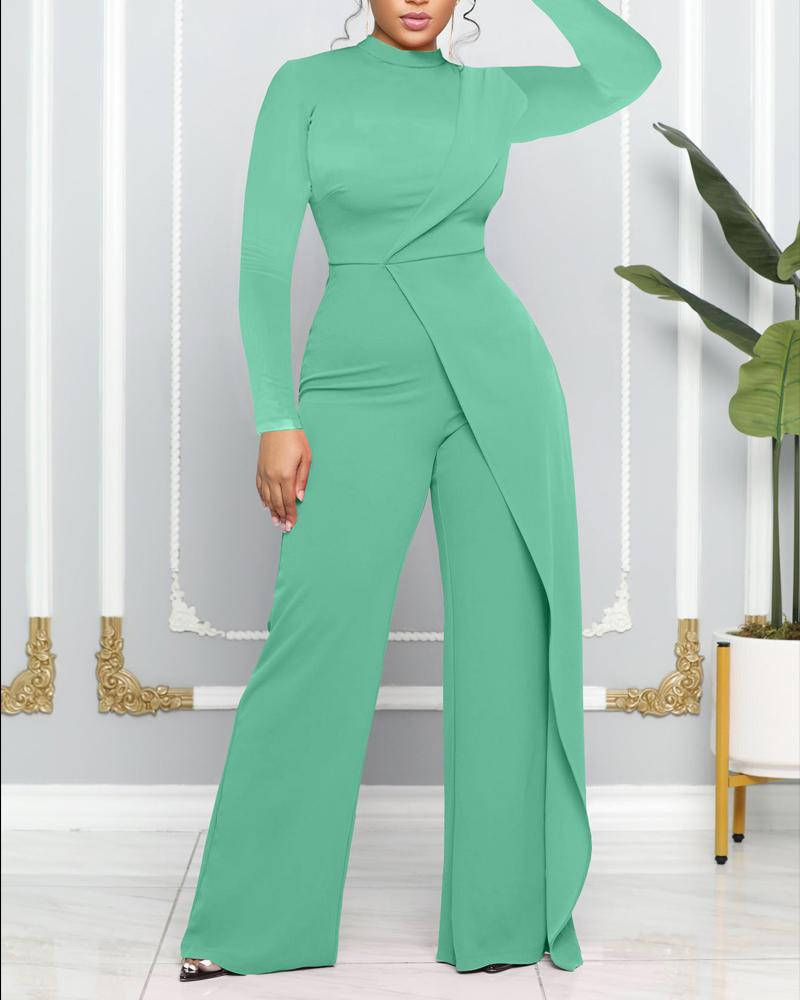 

Plain Long Sleeve Patchwork Jumpsuit, Green