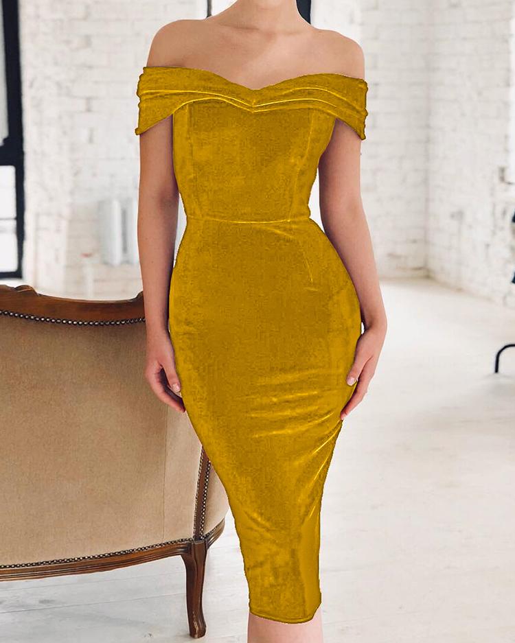 

Off Shoulder Ruched Velvet Party Dress, Yellow