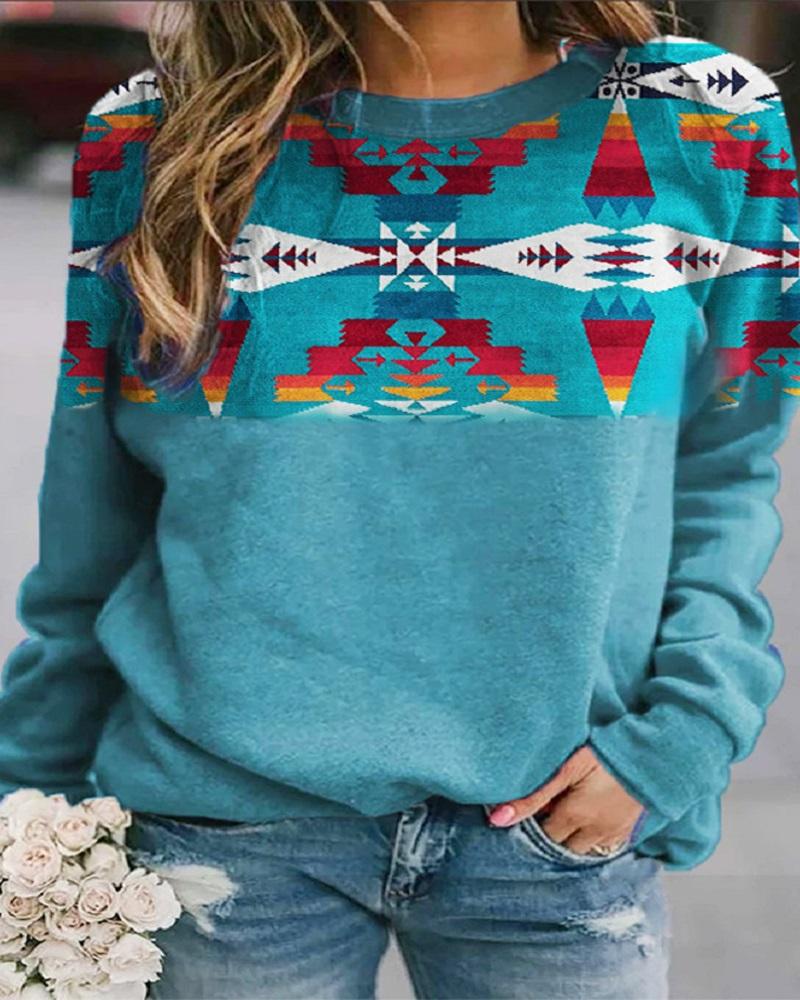 

Aztec Geometric Print Long Sleeve Top, Blue